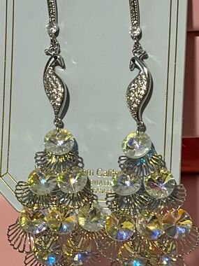 Eye Candy Silver-Tone Iridescent Peacock Chandelier Earrings